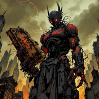 A towering, armored figure with glowing red eyes stands in a dark, dystopian city, holding a large book amidst a stormy sky, embodying themes of power and interpretation.