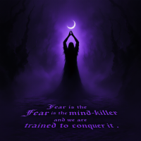 A silhouetted figure raises hands under a purple moon amidst dark trees, accompanied by the quote: Fear is the mind-killer, and we are trained to conquer it.