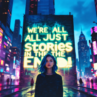 A young woman with blue hair stands in a neon-lit city, gazing thoughtfully at a vibrant mural that reads, “We’re all just stories in the end.” The atmosphere is both reflective and electric.