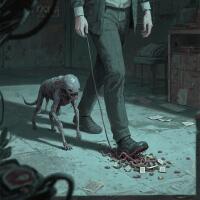 A gaunt, hairless creature with sharp teeth follows a person walking on a dimly lit floor scattered with disassembled memories in the form of small, glowing fragments.