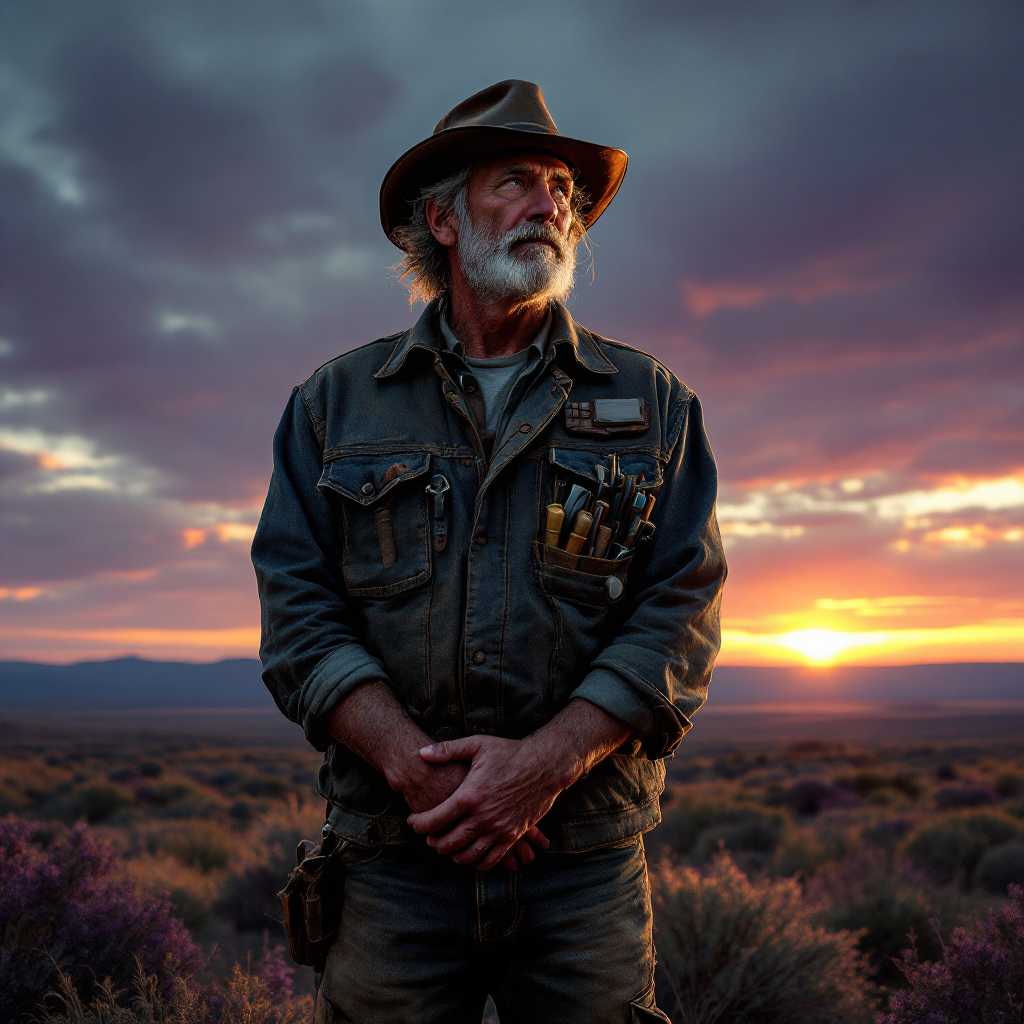 A seasoned man stands confidently in a rugged landscape at sunset, embodying resilience and resourcefulness, reflecting the essence of tackling challenges with skill and determination.