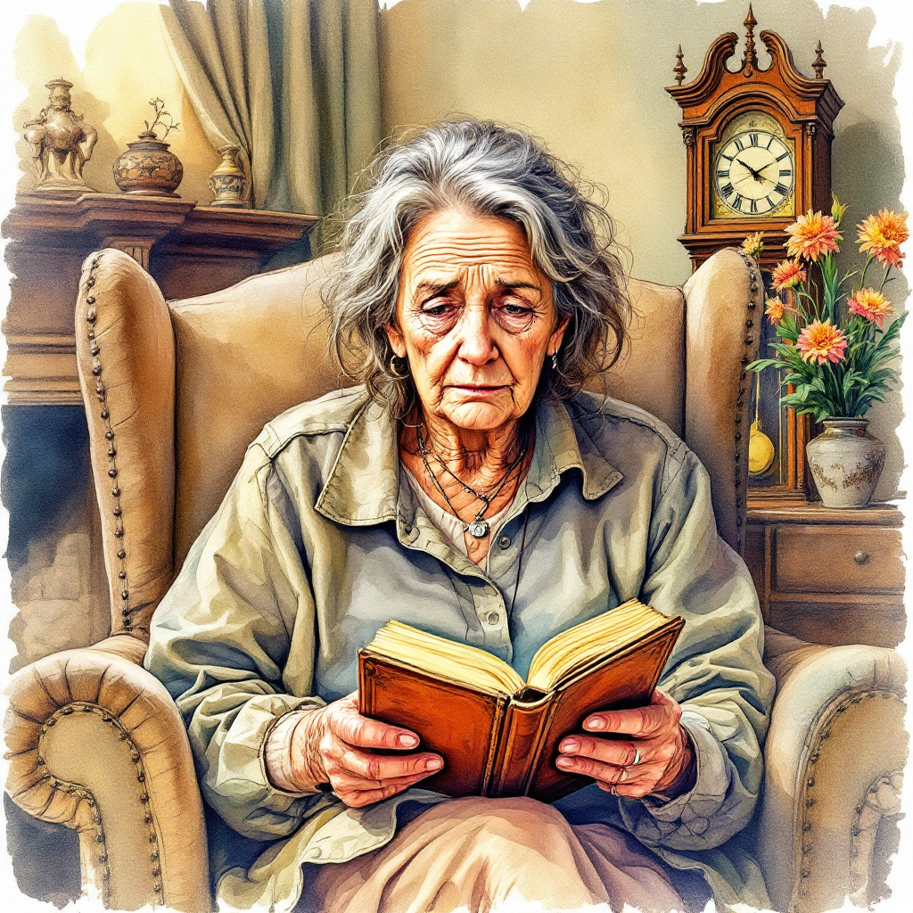 An elderly woman sits in a cozy armchair, reading a book, her expression reflecting the weight of many life experiences, against a backdrop of a vintage clock and flowers.