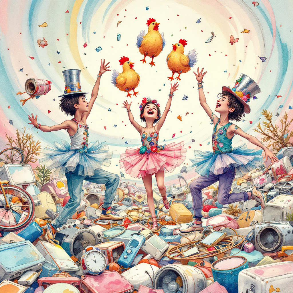 Three children in colorful costumes joyfully perform amidst a chaotic backdrop of discarded items, embodying the excess and ornamentation referenced in the quote. Colorful confetti fills the air.