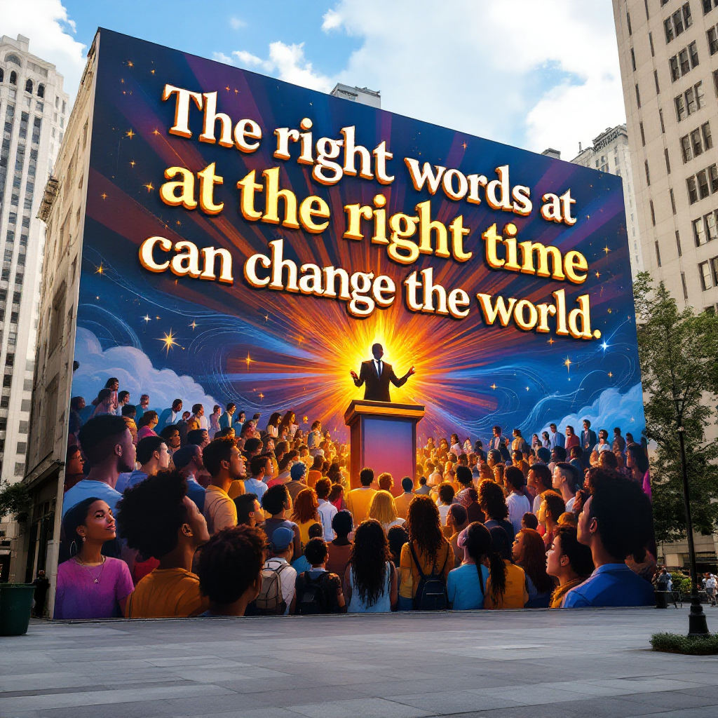 A vibrant mural depicts a crowd gathered to hear a speaker at a podium, illuminated by rays of light, with the quote: The right words at the right time can change the world.