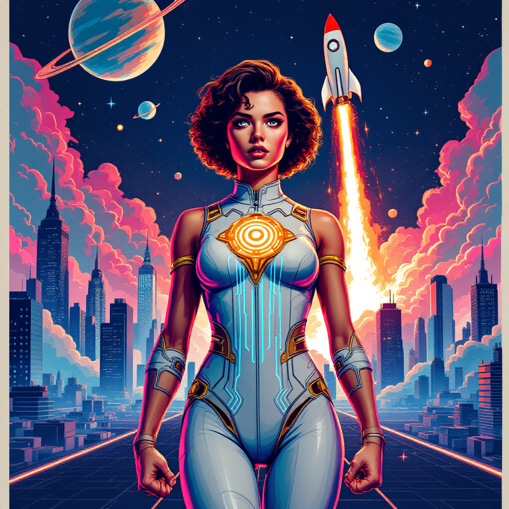 A determined woman stands confidently in a futuristic city, wearing a sleek suit with a glowing emblem, as a rocket launches into a vibrant sky, embodying the quote about bravery.