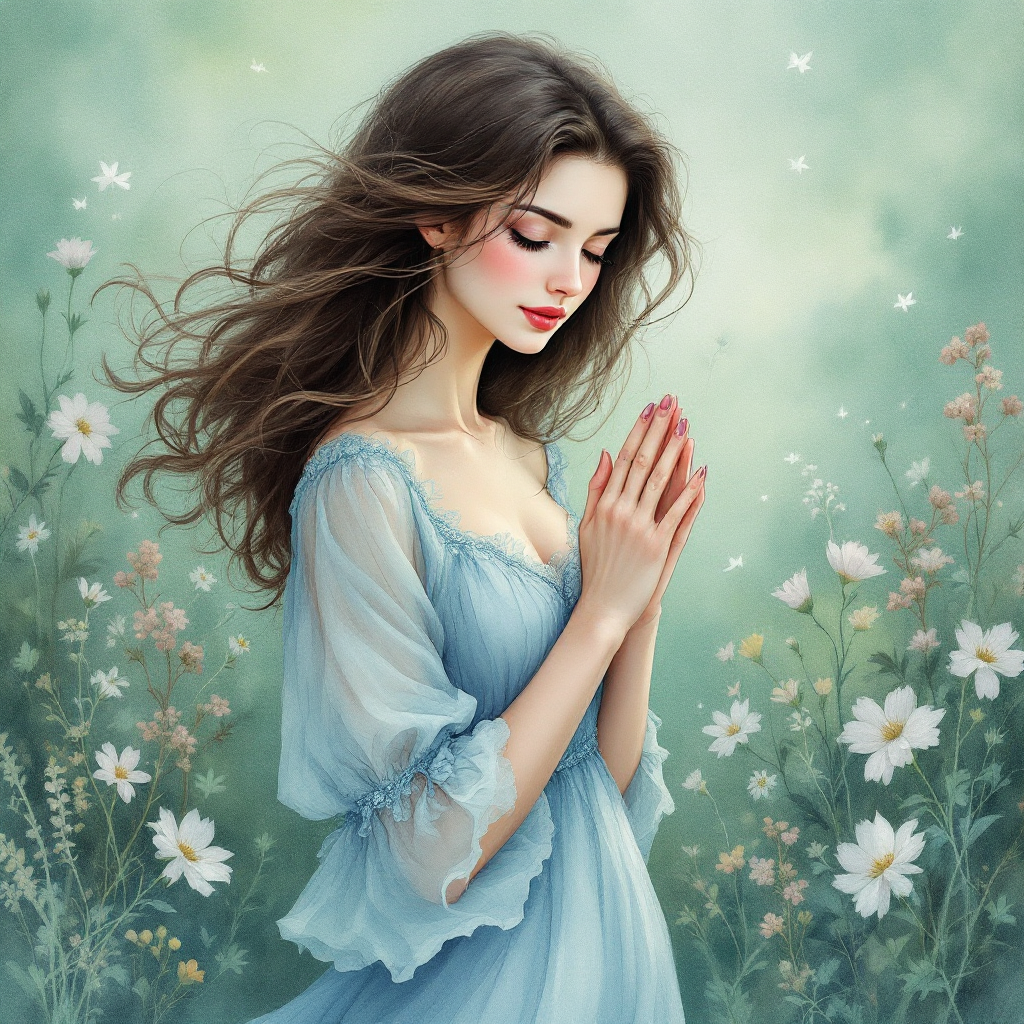 A serene young woman in a light blue dress gazes softly downward, her hands clasped in prayer among blooming flowers, capturing the essence of longing and introspection.