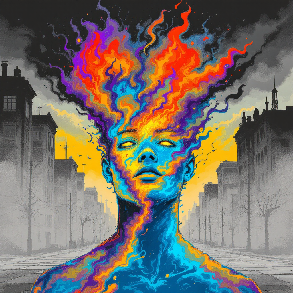 A vibrant, surreal portrait of a person with colorful flames emanating from their head, set against a shadowy cityscape, reflecting the idea of choosing one's response to circumstances.