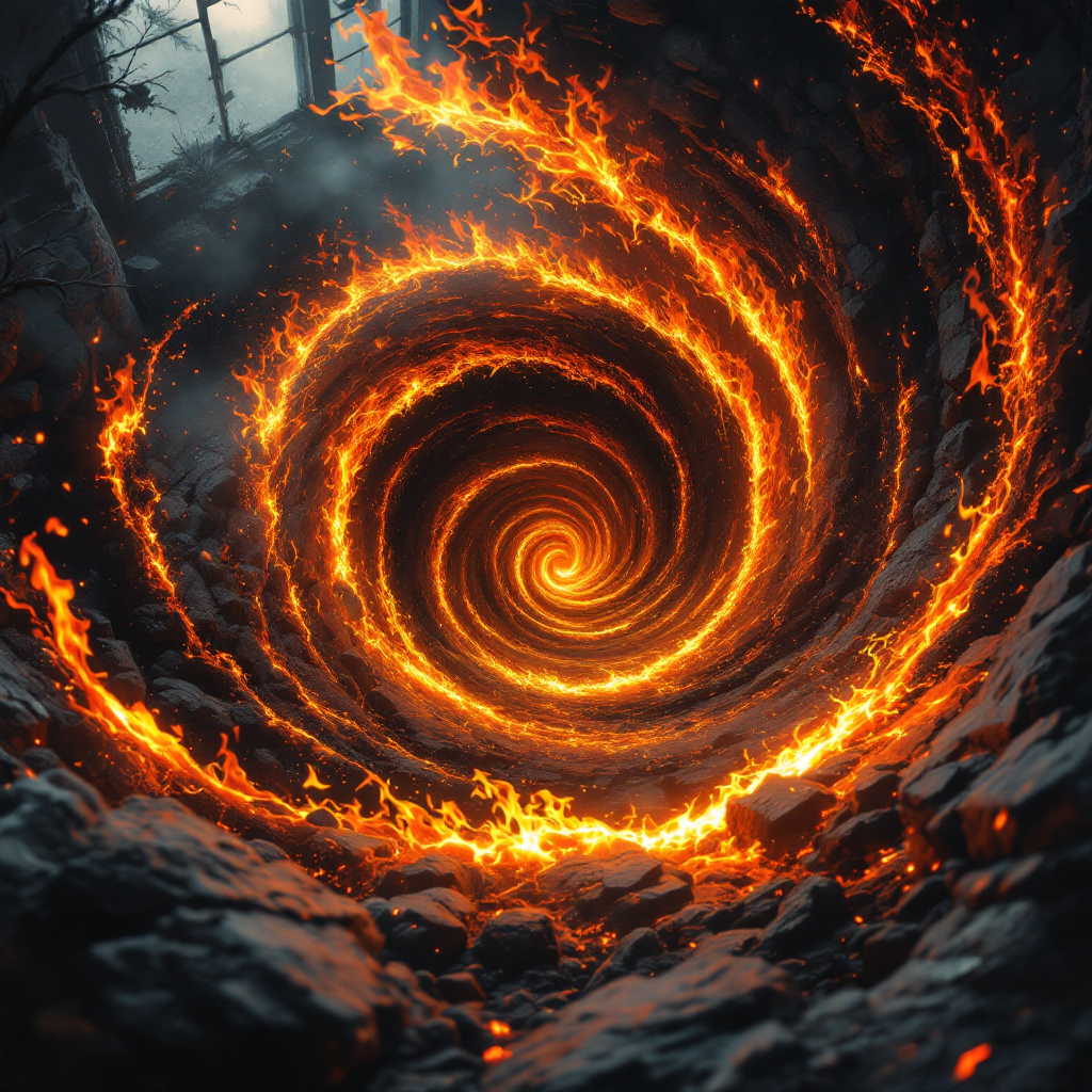 A swirling vortex of vibrant flames spirals downwards, surrounded by dark rocks, embodying the dual nature of fire as both a source of warmth and a harbinger of destruction.