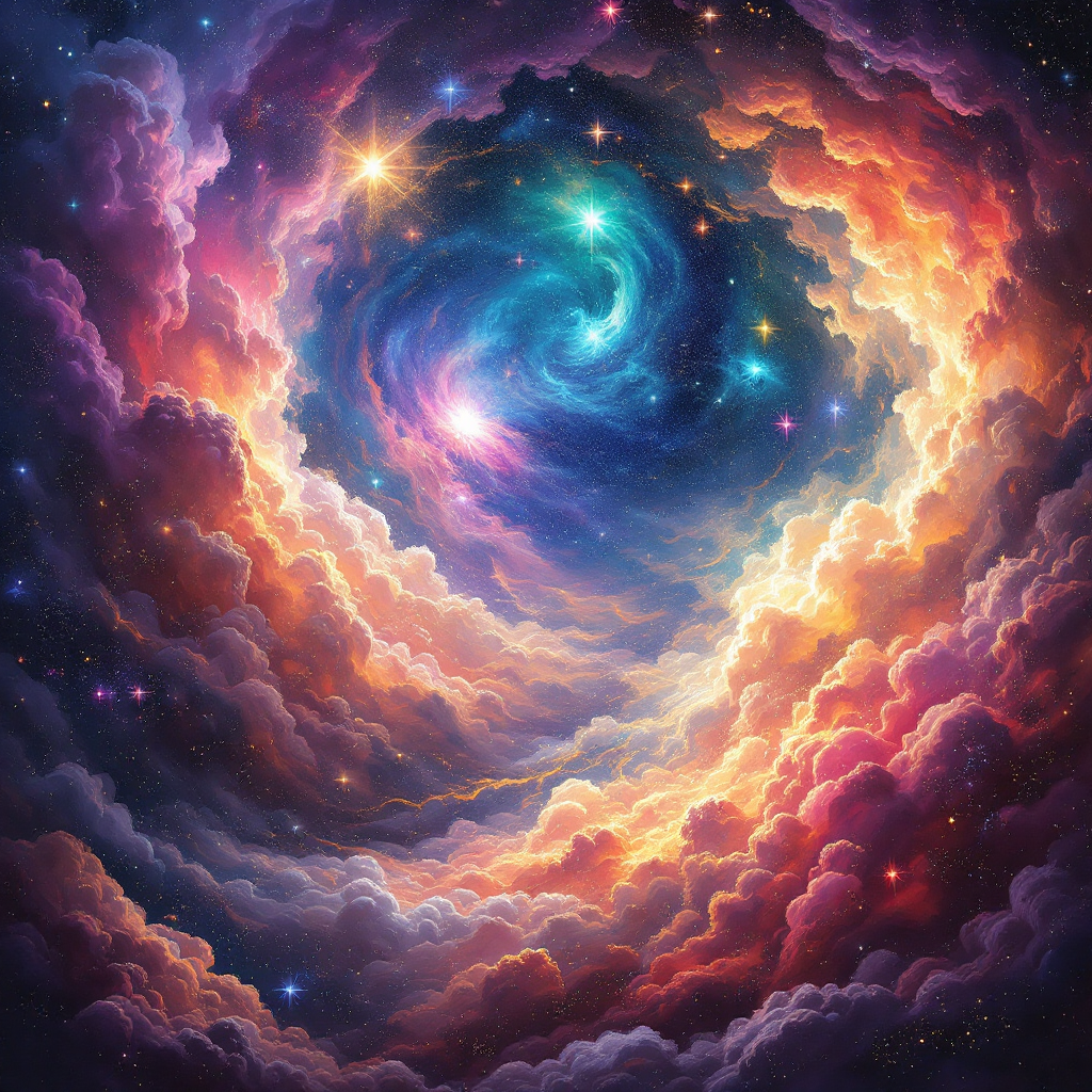 A vibrant cosmic swirl of colorful clouds and stars captures the essence of the quote, The universe is a canvas, and we are its chaotic brushstrokes.