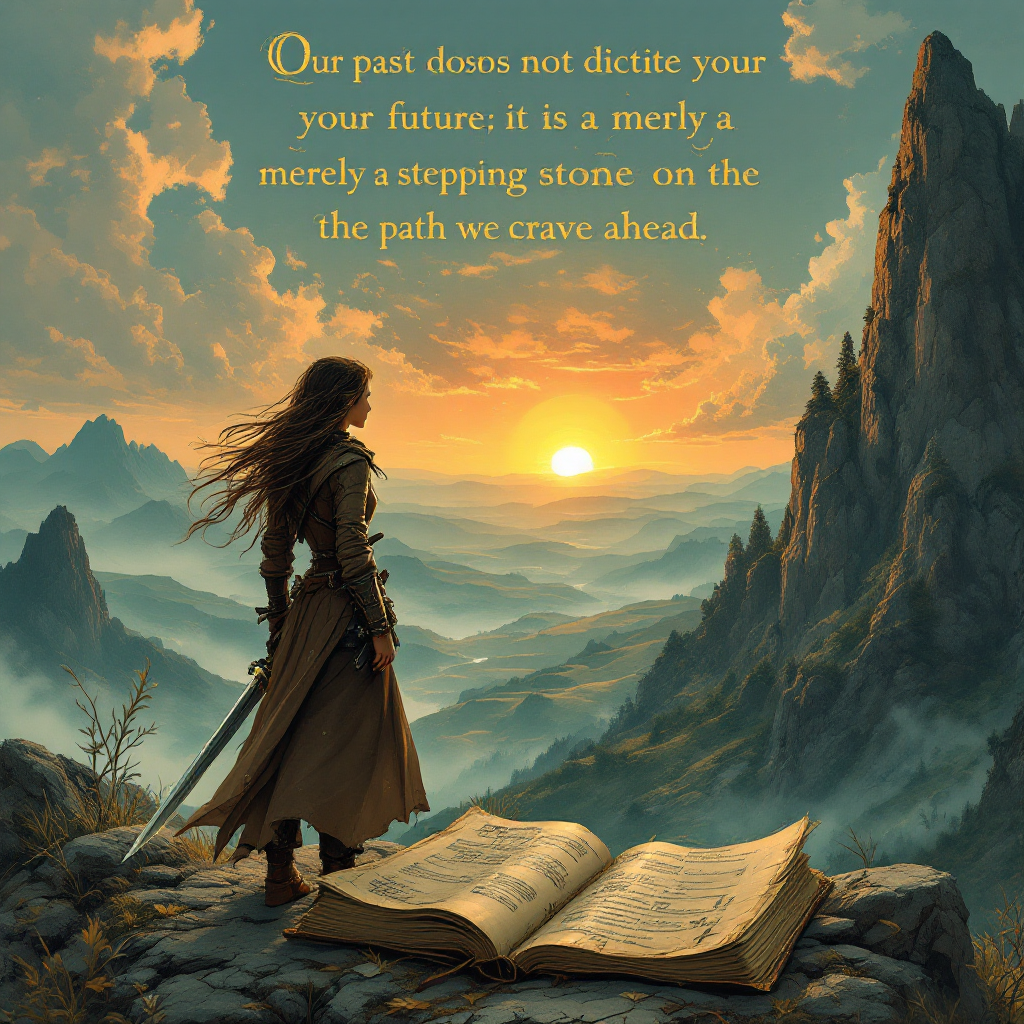 A figure in a cloak stands on a rocky cliff, gazing at a vibrant sunrise over distant mountains, with an open book at their feet featuring the quote about the past and future.