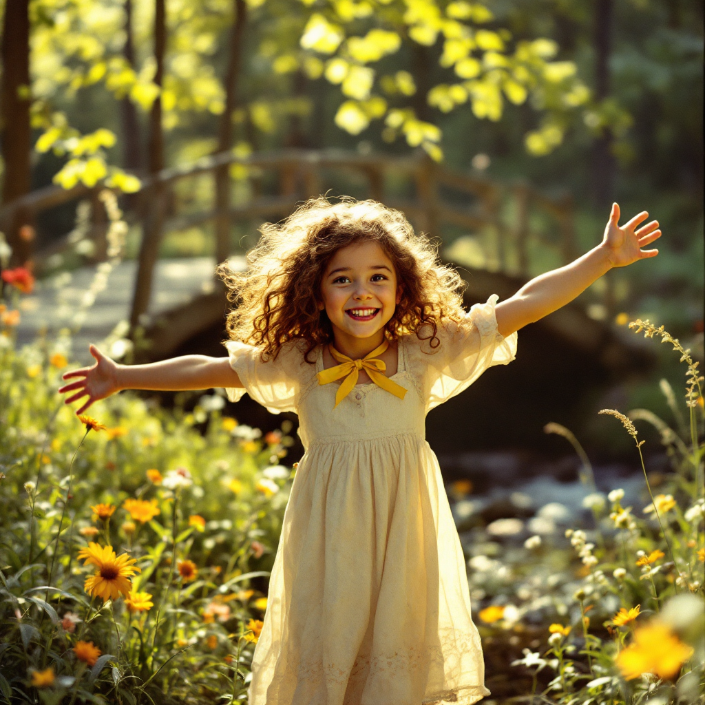 A young girl in a yellow dress joyfully stands in a sunlit garden, surrounded by flowers, embodying the spirit of freedom and imagination reminiscent of Terabithia.