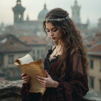 A young woman in a flowing dark dress reads a scroll while gazing thoughtfully over a misty cityscape, embodying the sentiment of living beyond dreams.