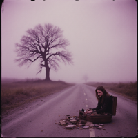 A solitary figure sits on a desolate road, surrounded by scattered photographs from an open suitcase, with a single bare tree silhouetted against a misty purple sky, evoking reflections on the burden of the past.