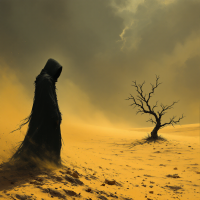 A hooded figure stands in a desolate, yellow landscape, facing a barren tree under a stormy sky, embodying the unexpected presence of death as described in the quote.