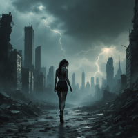 A lone figure walks through a desolate, stormy cityscape, embodying themes of truth and pain amidst the ruins, where beauty intertwines with despair.