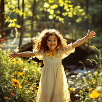 A young girl in a yellow dress joyfully stands in a sunlit garden, surrounded by flowers, embodying the spirit of freedom and imagination reminiscent of Terabithia.