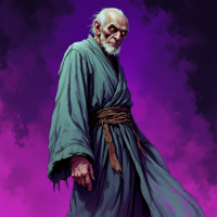 Elderly, tall man in a long grey robe stands against a purple background, with a thin, distinguished, and careworn face that radiates quiet confidence.