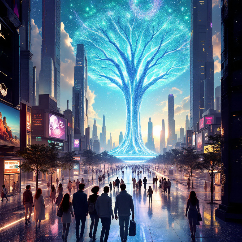 A futuristic cityscape features a glowing, ethereal tree at its center, symbolizing society's potential and the reflections of science fiction on our future possibilities.