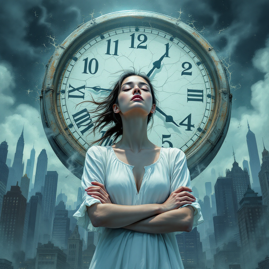 A woman in a flowing white dress stands with arms crossed in front of a large clock, symbolizing the passage of time and the wasted moments of worry, against a dramatic city skyline.