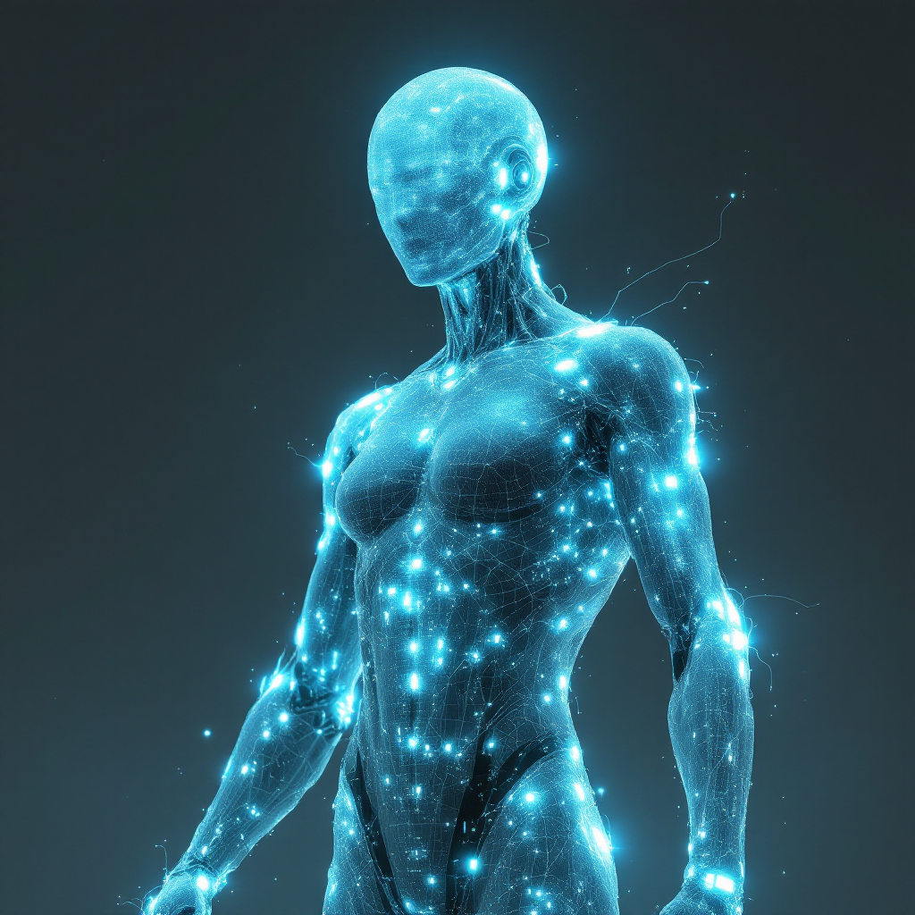 A luminous, translucent figure stands confidently, its body composed of glowing blue particles, symbolizing strength and resilience amidst fragility.