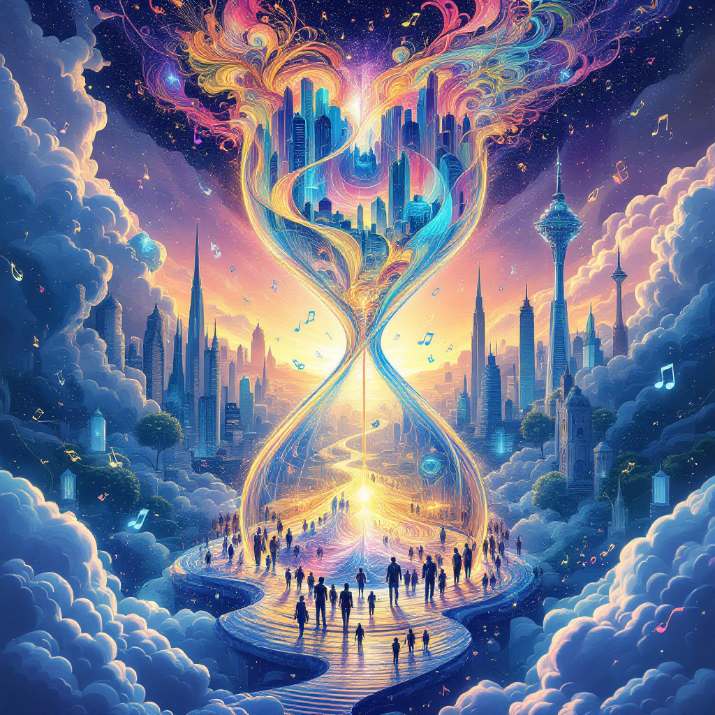 A vibrant hourglass merging with a colorful skyline, surrounded by clouds, symbolizes the idea that the future unfolds one day at a time. People journey towards the light of possibility.