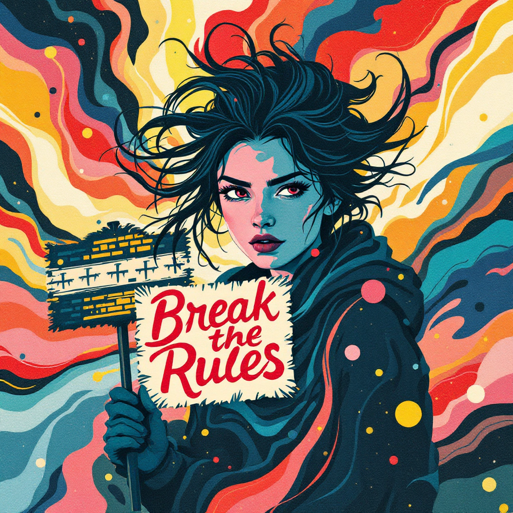 A striking illustration of a determined young woman holding a sign that reads Break the Rules, set against a vibrant swirl of colors, symbolizing the call for change and defiance.