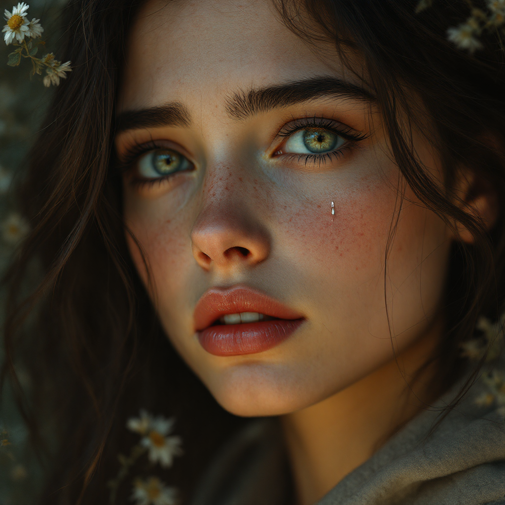 A close-up portrait of a young woman with expressive green eyes and freckles, surrounded by delicate flowers, evokes a sense of vulnerability and attachment to past pain.