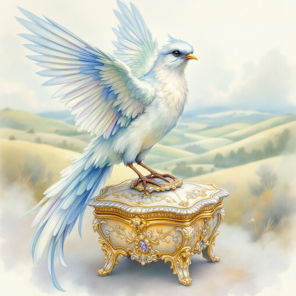 A delicate blue bird with expansive wings stands atop an ornate, golden jewelry box, set against a serene landscape, embodying the essence of hope as expressed in the quote Hope is a thing with feathers.