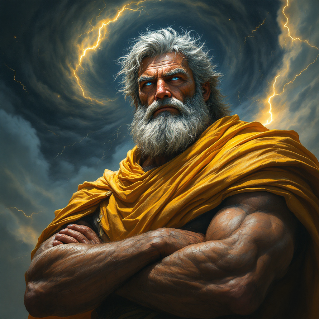 A powerful figure with a strong build and white hair, draped in a yellow robe, stands confidently against a stormy sky, embodying resilience in the face of adversity.