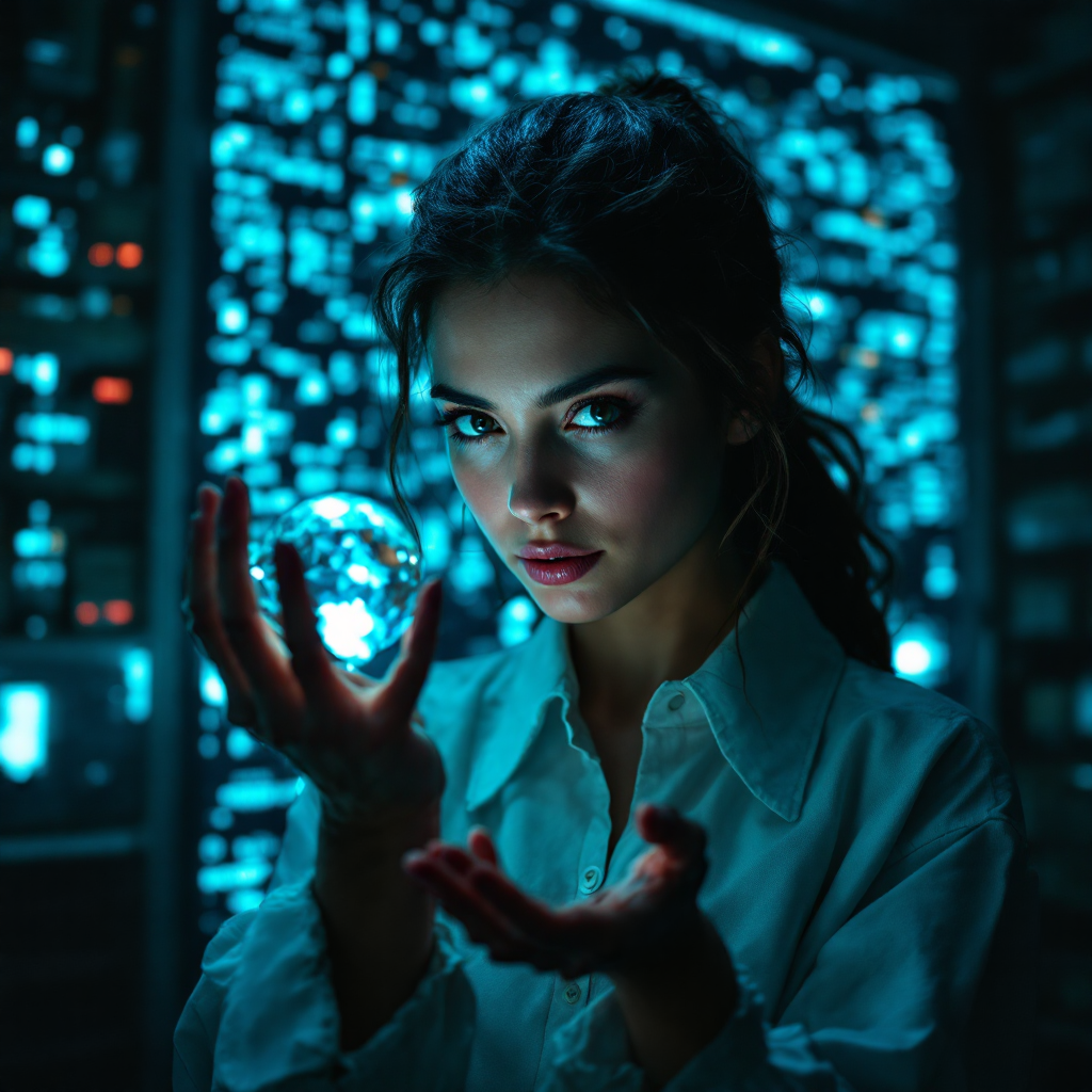 A woman in a light blue shirt holds a glowing orb in a dimly lit room filled with blue digital screens, embodying the concept of clarity amidst overwhelming information.