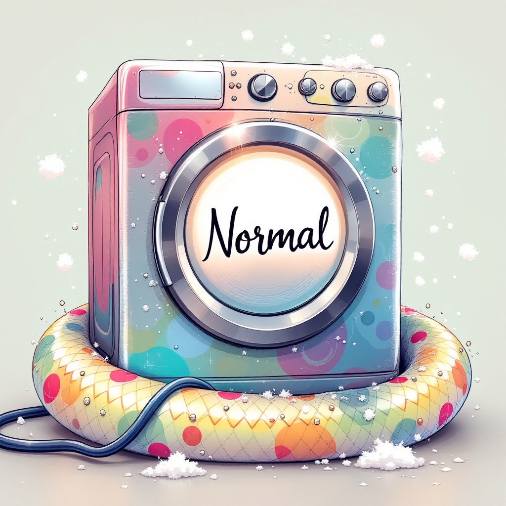 A colorful washing machine, adorned with playful polka dots, features the word Normal on its drum, resting on a vibrant, patterned float. Snowflakes drift around it, adding a whimsical touch.