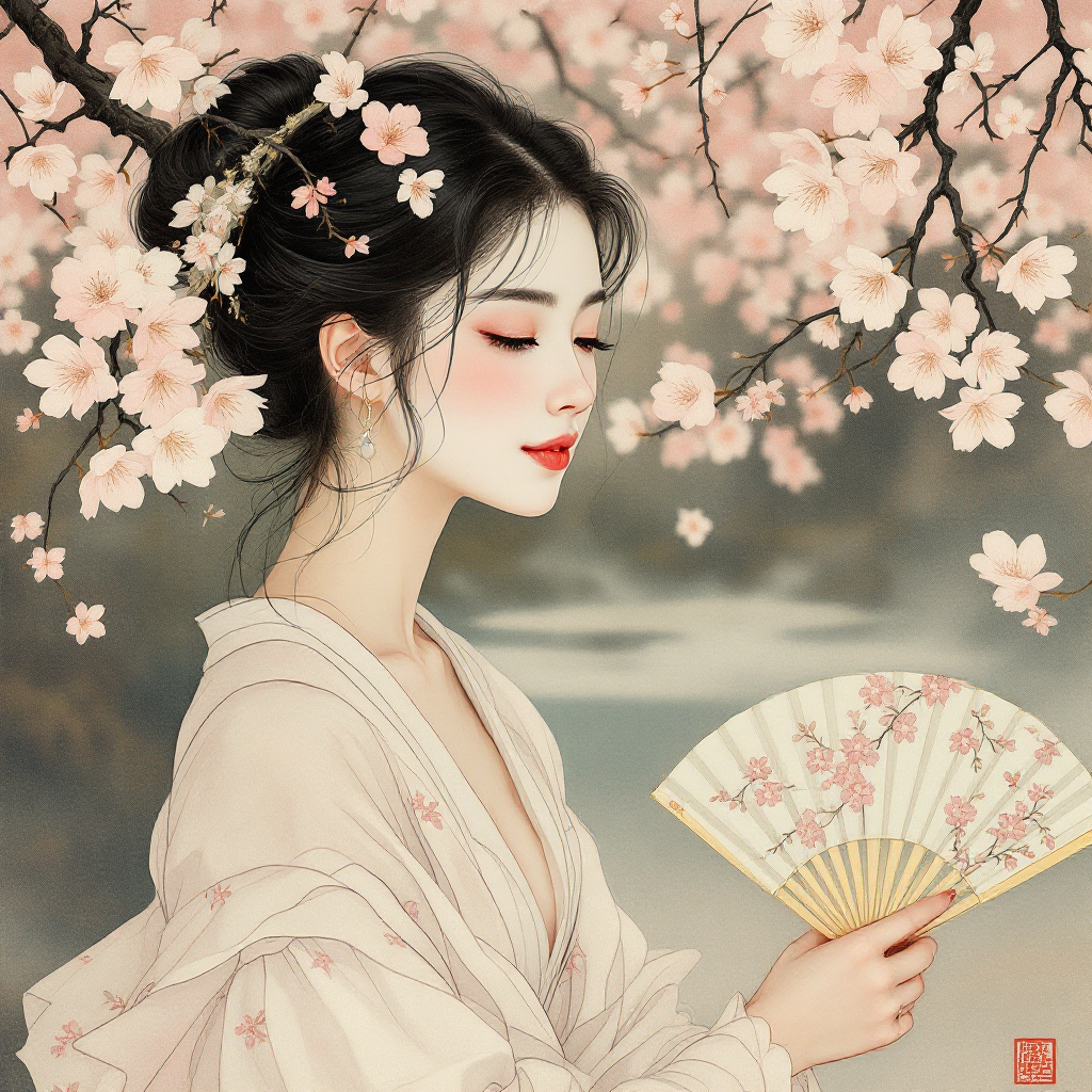 A serene woman holds a decorative fan amidst blooming cherry blossoms, embodying the essence of choice and humanity reflected in the quote about the power of choice.