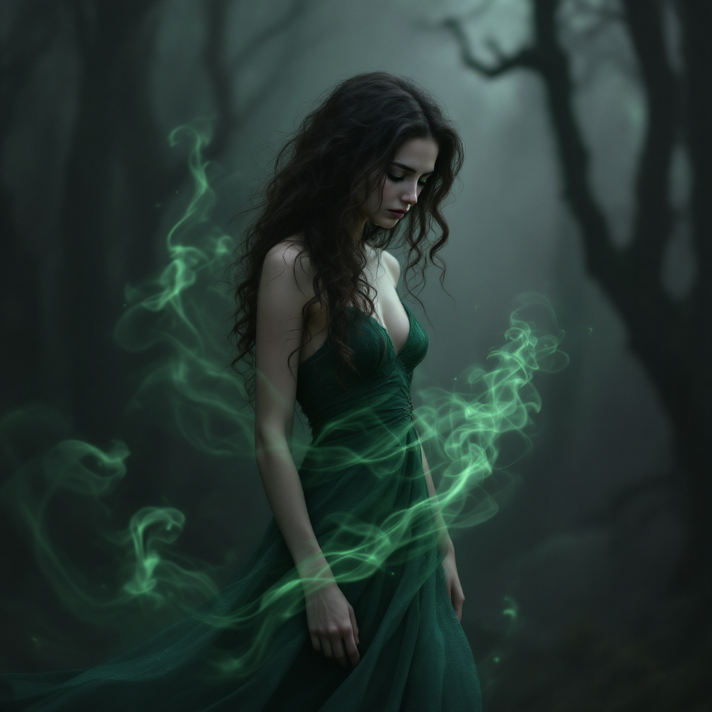 A woman in a flowing green dress stands amidst a misty, dark forest, surrounded by ethereal green wisps, embodying the struggle of searching for identity and losing oneself.