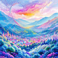 A vibrant landscape depicts a colorful town nestled in mountains, intertwined with an expansive web of connections, symbolizing the profound effects of small changes in society.