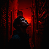 A silhouetted figure stands in a narrow alley, eyes closed and face upturned, bathed in a deep red glow that evokes a sense of awakening, reflecting the quote about feeling wrong and then right.