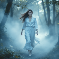 A woman in a flowing white dress walks confidently through a misty forest, embodying the strength of perseverance, echoing the quote about bravery in continuing onward.