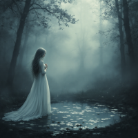 A figure in a flowing white dress stands by a misty pond, surrounded by dark trees, embodying the theme of embracing uncertainty and discovering one's true self.