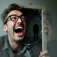 A man with glasses laughs heartily, his joyful expression contrasting with the shadowy figure reflected in a cracked mirror, embodying the quote, If you can’t laugh at yourself.