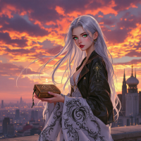 A young woman with long silver hair stands against a vibrant sunset, holding an ornate box, embodying the tension between truth and illusion amidst a city skyline.