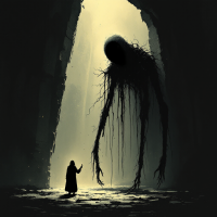 A towering shadowy figure looms over a small, defiant figure in a dimly lit cavern, embodying the quote, “You’re just a shadow. You don’t scare me.”