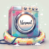 A colorful washing machine, adorned with playful polka dots, features the word Normal on its drum, resting on a vibrant, patterned float. Snowflakes drift around it, adding a whimsical touch.