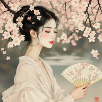 A serene woman holds a decorative fan amidst blooming cherry blossoms, embodying the essence of choice and humanity reflected in the quote about the power of choice.