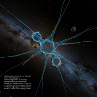 An intricate network of icy, filament-like structures stretches into the starry void, evoking biological growth in a cold space environment with distant planets visible.