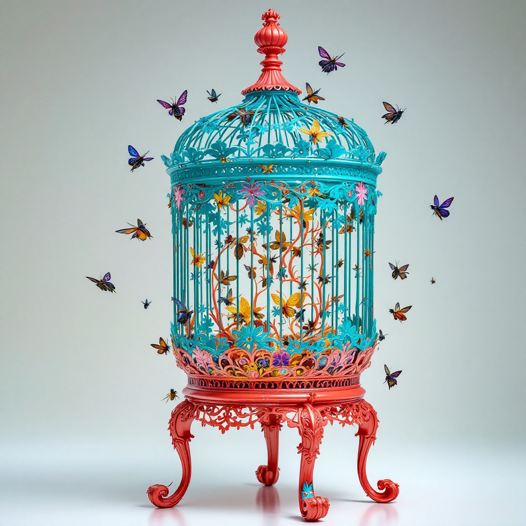 A vibrant metre-tall birdcage with six ornate legs, housing a swarm of colorful insects that flutter around, embodying a sense of lively interconnectedness.