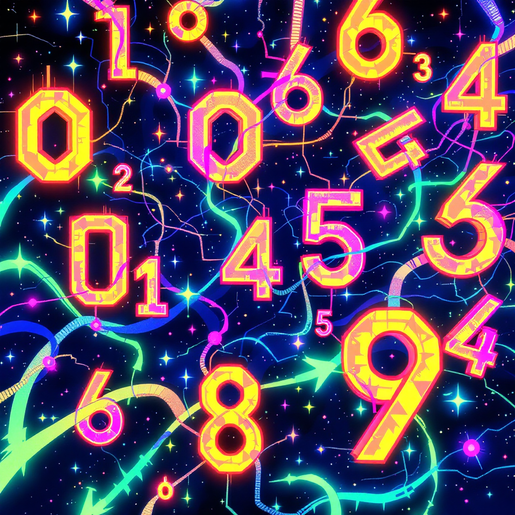 A vibrant digital artwork featuring glowing numbers 0-9 scattered across a dark, starry background, intertwined with colorful, swirling lines, symbolizing the unity of individual identities in society.