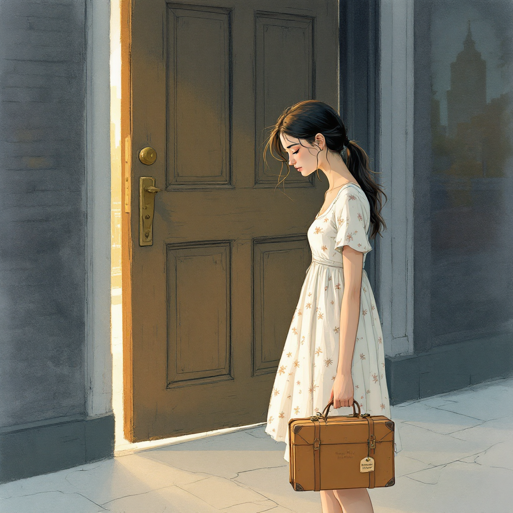 A young woman in a white dress stands at an open door, holding a suitcase, contemplating her departure, embodying the sentiment of not being able to return home unchanged.