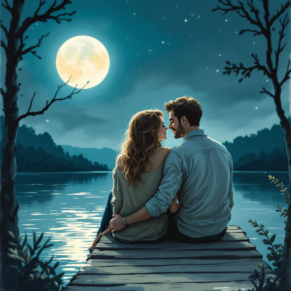 A couple sits closely on a wooden dock under a bright full moon, gazing at each other, surrounded by tranquil waters and silhouetted trees, embodying the essence of connection.