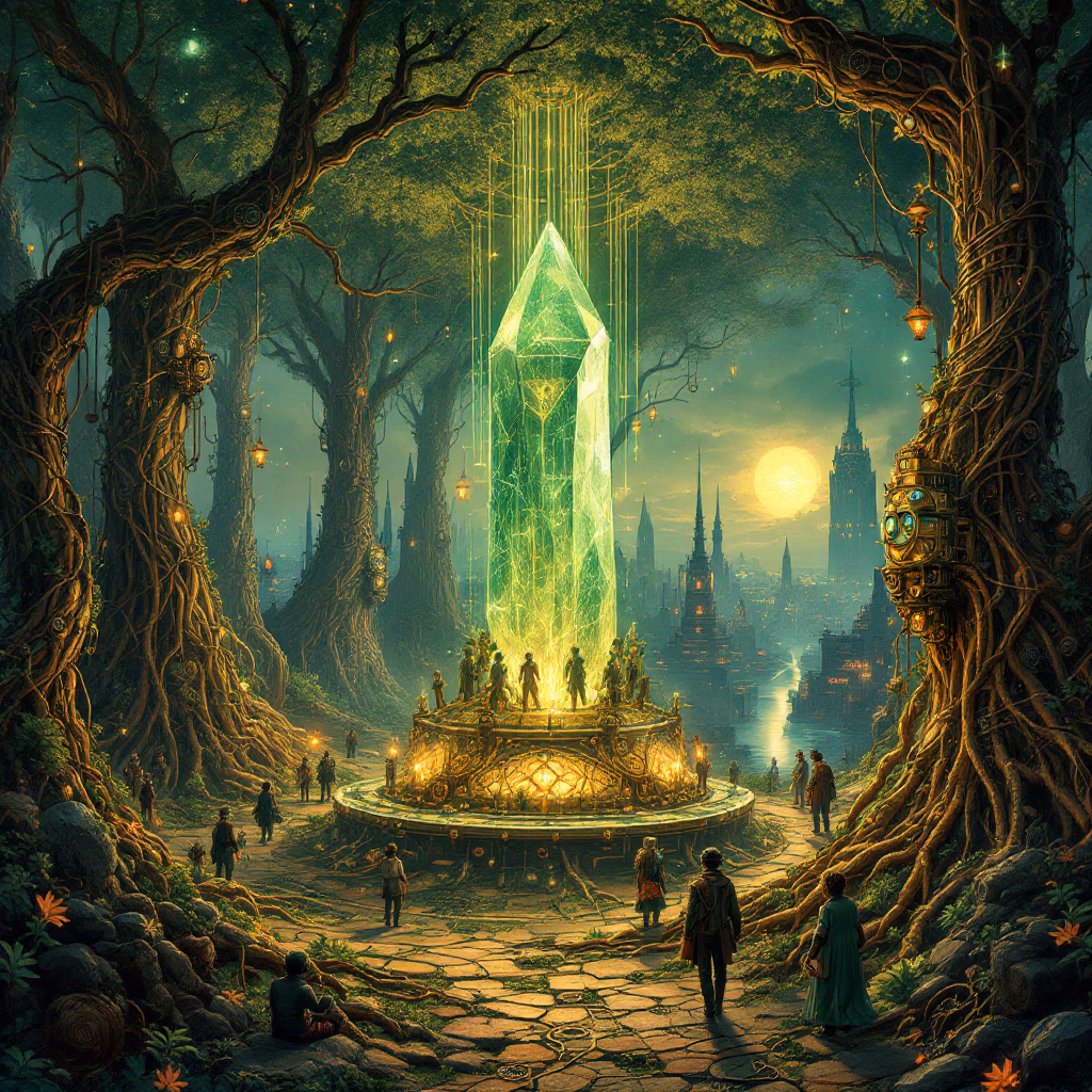 A glowing green crystal stands at the center of an ancient, enchanted forest, surrounded by towering trees, mystical figures, and a soft, ethereal light illuminating the scene.