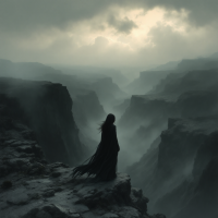 A silhouetted figure in a flowing cloak stands at the edge of a dramatic canyon, surrounded by mist and ominous clouds, embodying the quote about realizing one's own power.