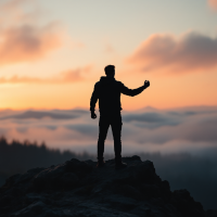 A silhouetted figure stands confidently atop a rocky outcrop, with a vibrant sunrise illuminating the misty landscape below, embodying the struggle between demons and heroics.